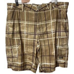 Under Armour Fish Pro Plaid Brown Athletic Men's Shorts Size 38